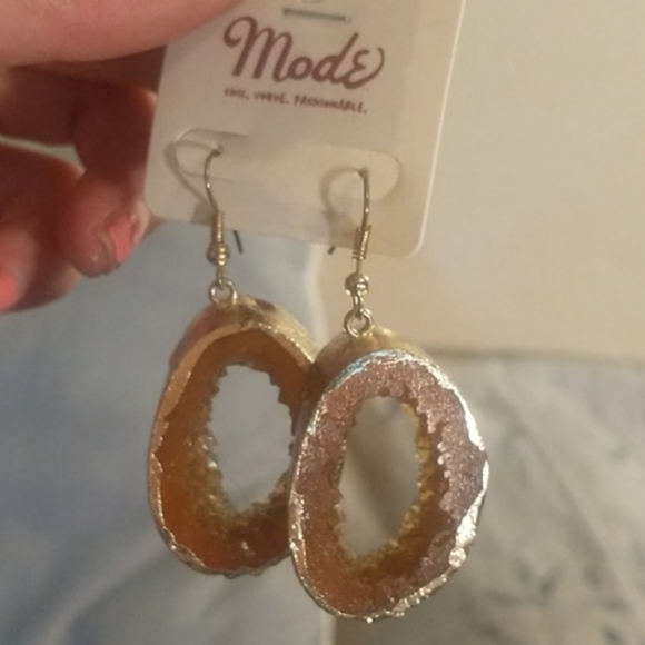 MODE Druzy Geode Sliced +Hallowed Citrine Drop Earrings Encased Gold-tone Enamel - Picture 4 of 10